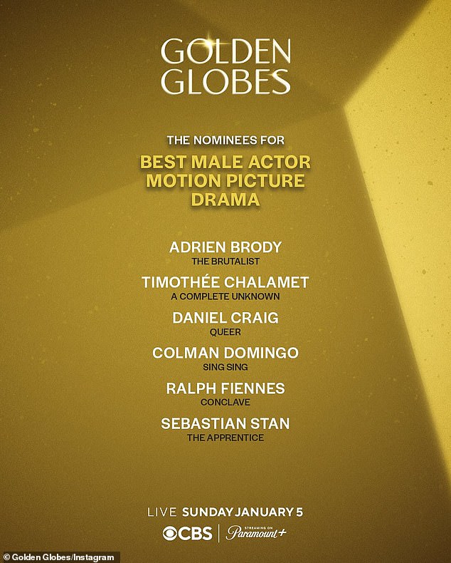 Chalamet was nominated for the Best Actor in a Motion Picture (Drama) trophy at the 82nd Golden Globe Awards, airing Jan. 5 on CBS/Paramount+.