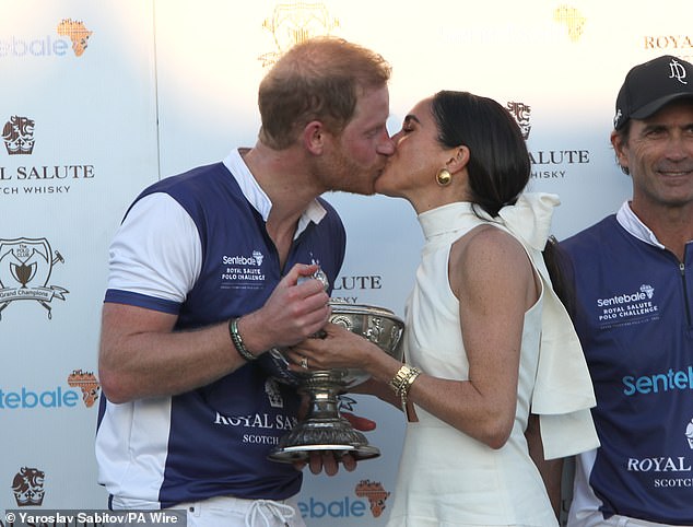 Meghan kissed Harry after his team, the Royal Salute Sentebale, won the charity competition from episode five of the docu-series