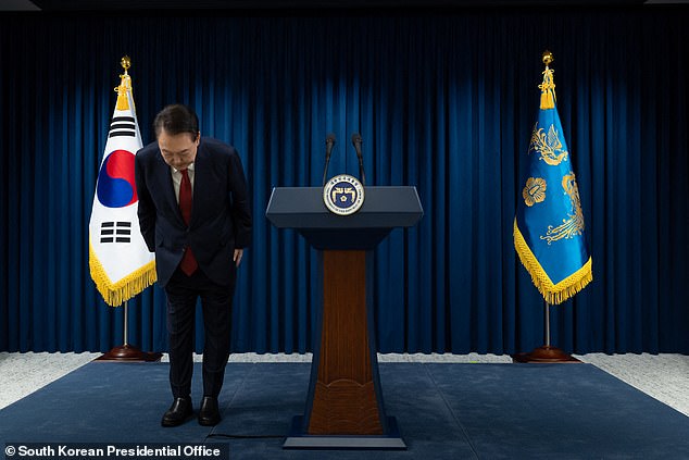 Yoon bows after his speech. Last Saturday, Yoon addressed the nation in a televised speech to apologize for the move and say he would face any repercussions, although he did not offer to resign.