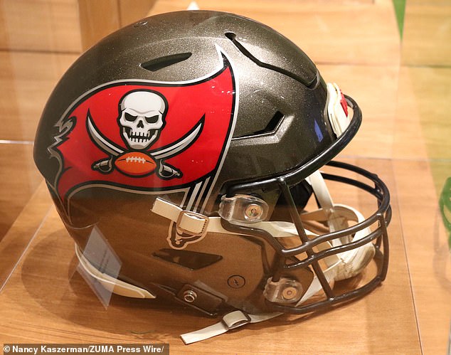 Brady's game-worn 2021-2022 Tampa Bay Buccaneers helmet from the playoffs is pictured