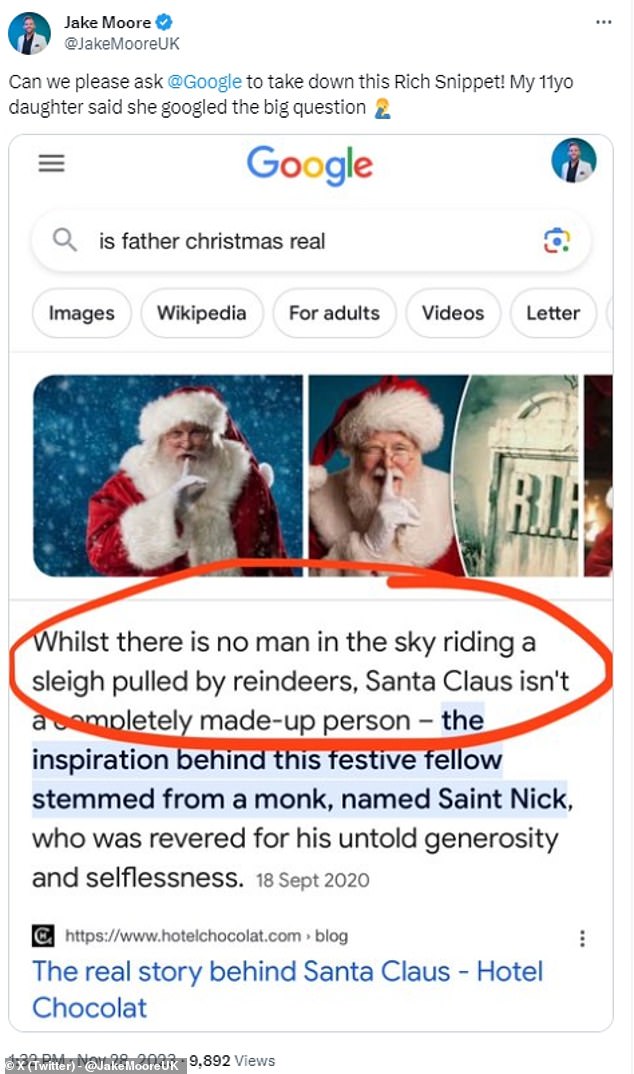 Last year, Jake Moore, technology expert and security consultant at ESET, said his daughter Googled the big question 'is Santa Claus real?' and was dismayed by the results