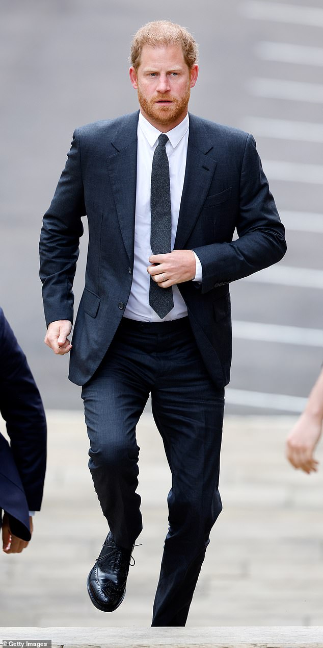 Harry vowed in a public interview to 'push through' this even if the amount he wins in court is 'a hundred times' less than his settlement offer - he is pictured here arriving at the Royal Courts of Justice on March 30.