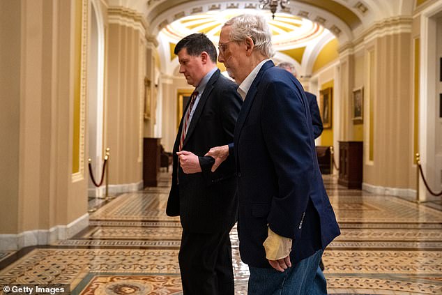 The senator suffered an injury to his left wrist. Here McConnell is seen in a cast