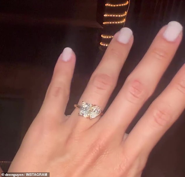 The former Geordie Shore star showed off the huge engagement ring in the post