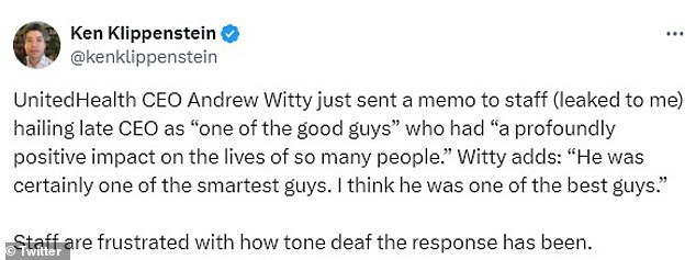 Social media users continued to mention Thompson's blood in responses to independent journalist Ken Klippenstein, who obtained the letter