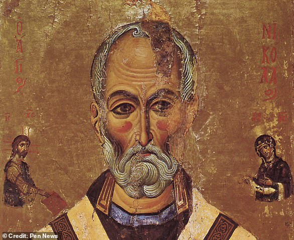 Santa Claus is based on Saint Nicholas of Myra, who, according to Christian tradition, was a bishop in that small Roman town in the 4th century AD. This image shows a 13th century depiction of Saint Nicholas from St. Catherine's Monastery in Sinai, Egypt