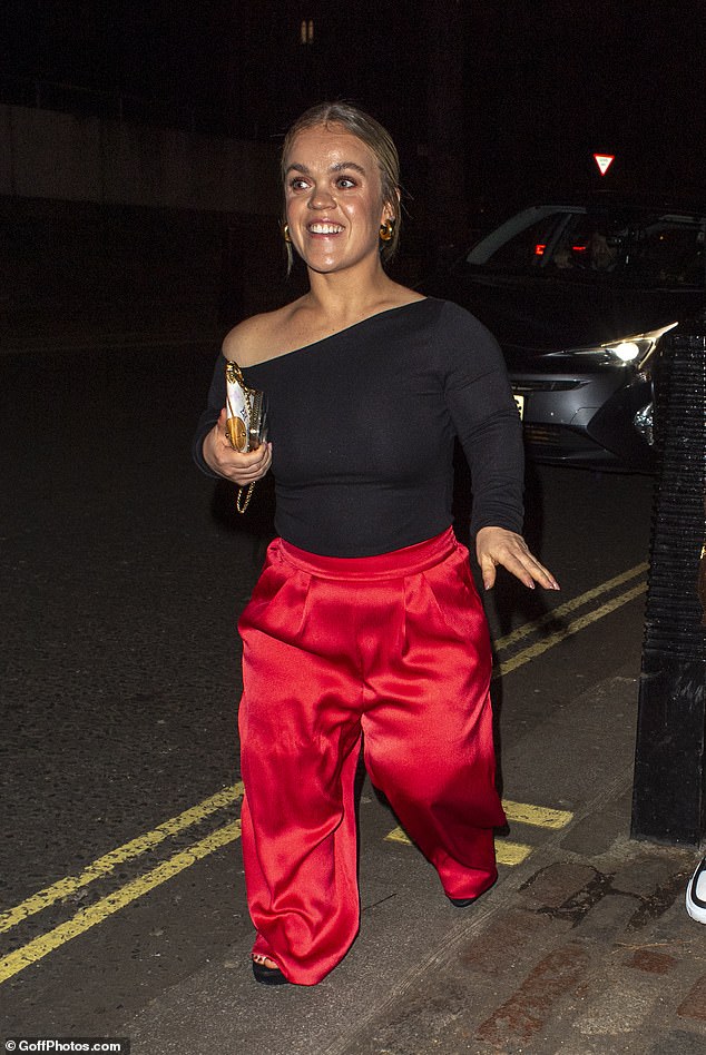 Ellie Simmonds looked amazing in red silk trousers and off-the-shoulder black top