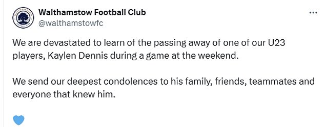 Walthamstow FC said it was 'devastated' to hear of Kaylen's death during a match