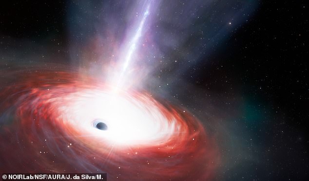 As black holes collect matter in an accretion disk, some of it is accelerated and shot into space in the form of a huge jet of plasma and radiation (artist's impression)