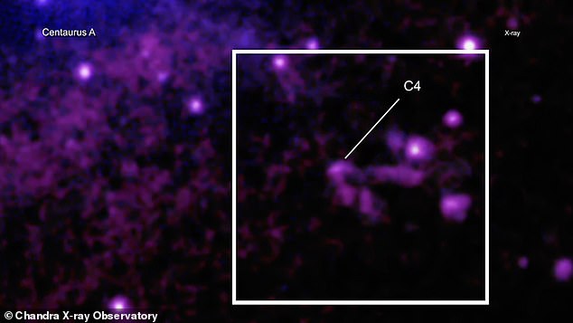 This study found an object known as C4 that had an unusual V-shaped wake extending behind it. This is completely different from the elliptical patterns usually produced by objects trapped in the jet of a black hole