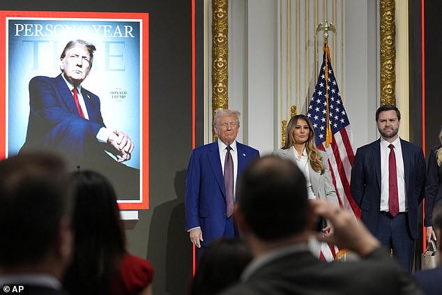 President-elect Donald Trump, Melania Trump and Vice President-elect JD Vance during a Time Magazine Person of the Year ceremony at the New York Stock Exchange