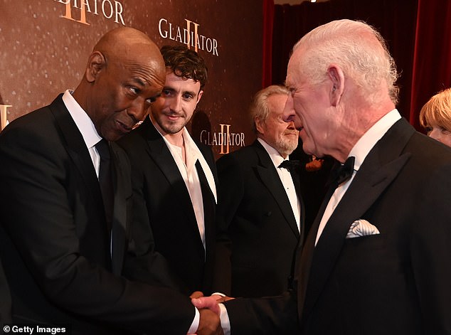 Mescal watches Denzel Washington meet King Charles III as they attend the Royal Film Performance and Global Premiere 