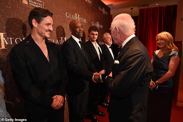 King Charles, 75, spent the eve of his birthday watching Gladiator II at its premiere in London's Leicester Square