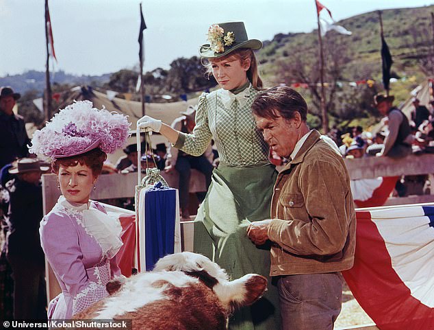 Maureen O'Hara, left, Mills, center and James Stewart in The Rare Breed in 1966