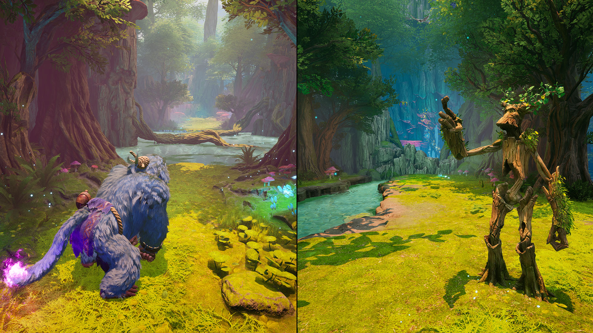 Split Fiction protagonists Mio and Zoe are shown in transformations that turn them into a fantasy gorilla and tree person in a split-screen screenshot