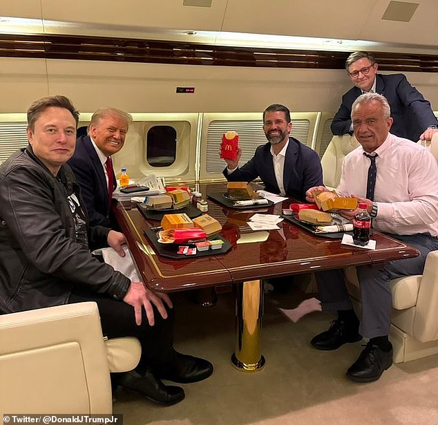 Donald Trump, Elon Musk, Donald Trump Jr and RFK Jr pose with McDonald's meals aboard Trump Force One as Speaker Mike Johnson smiles behind them