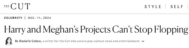 This week, The Cut published a piece titled “Harry and Meghan's Projects Can't Stop Flopping” by pop culture and entertainment writer Danielle Cohen