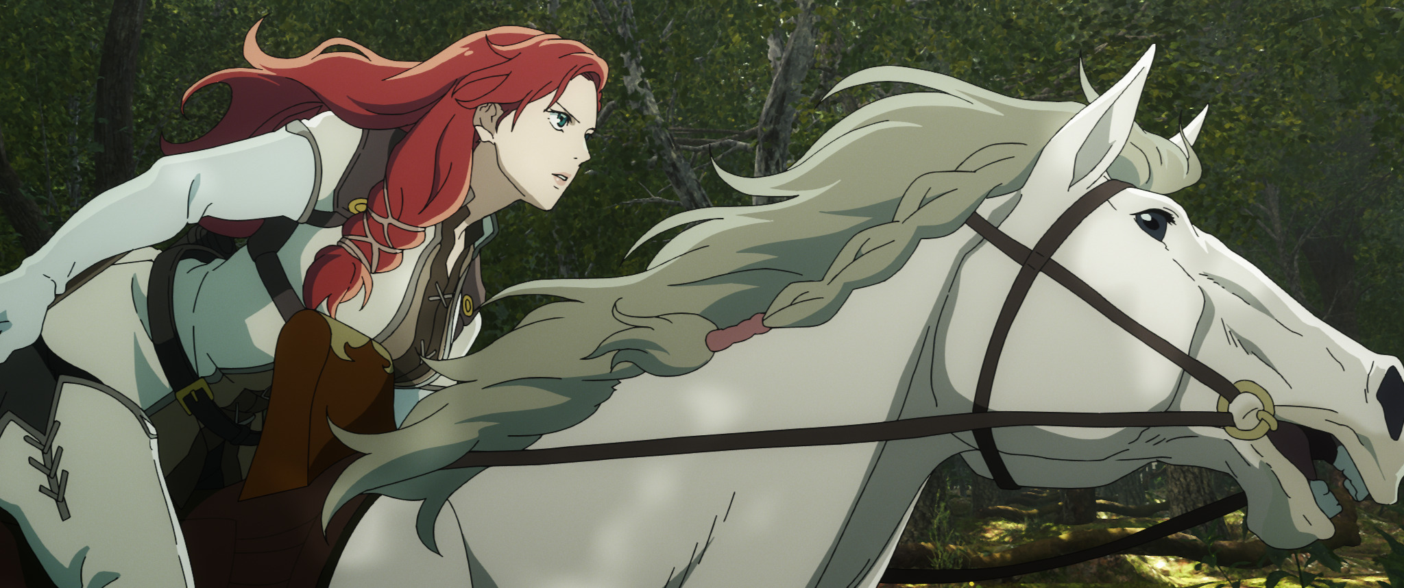 Red-haired warrior Héra rides a white horse in The Lord of the Rings: War of the Rohirrim.