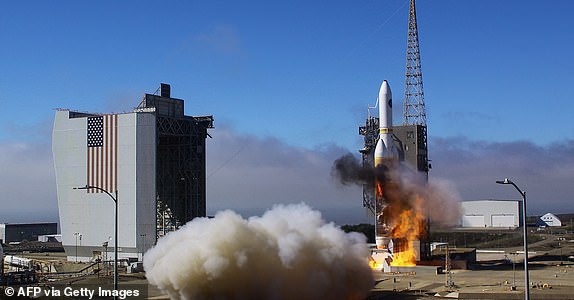 A United Launch Alliance Delta 4 Heavy blasts off from Vandenberg Space Force Base, California, as it launches a spy satellite on its final flight from California, September 24, 2022. - Today's final mission, dubbed NROL-91, carried a top secret spy satellite for the National Reconnaissance Office. (Photo by Matt Hartman/AFP) (Photo by MATT HARTMAN/AFP via Getty Images)