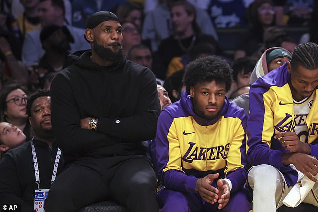 LeBron James and his son Bronny are seen on the bench during a recent Lakers game