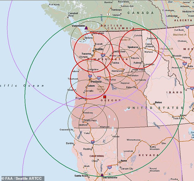 The Seattle Air Route Traffic Control Center (mapped above) is responsible for monitoring and ensuring proper separation of aircraft in Washington state, most of Oregon, parts of Idaho, Montana, Nevada and California - as well as adjacent areas west of the Pacific Ocean