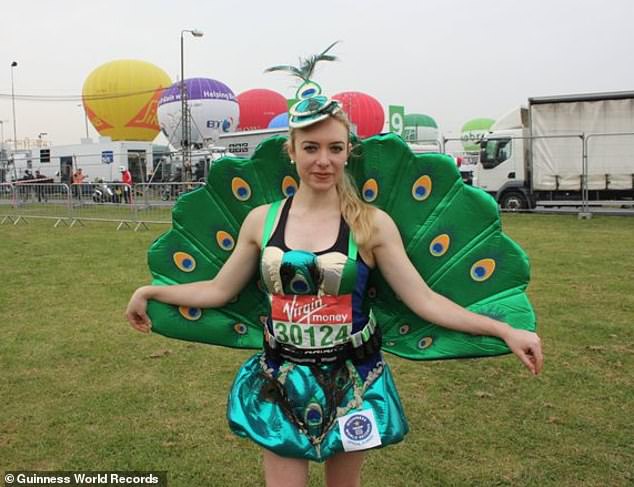 In 2011, she claimed the Guinness World Record for running a marathon in an animal costume, completing the feat in three hours, 42 minutes and 11 seconds while dressed as a peacock.