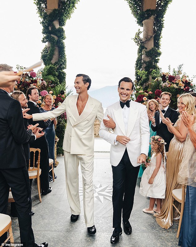 Four Seasons condom heir Michael Porter (right) and his husband Billy Mitchell (left) tied the knot Wednesday in a lavish wedding in Lake Como, Italy