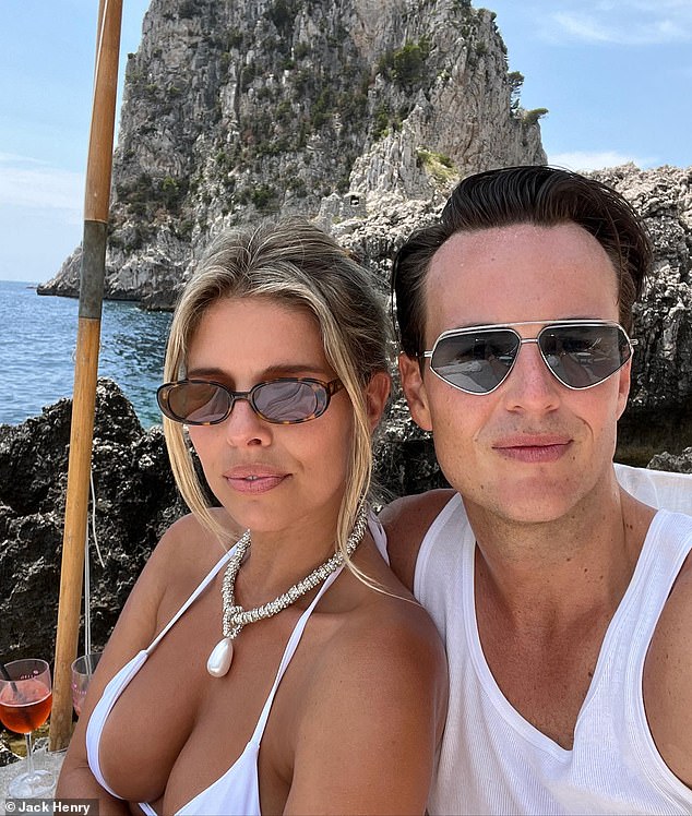 Monday swimwear founder Tash Oakley (left) and Michael Porter sunbathe at her wedding recovery party after she married liquor heir Theo Chambers on June 30, 2023