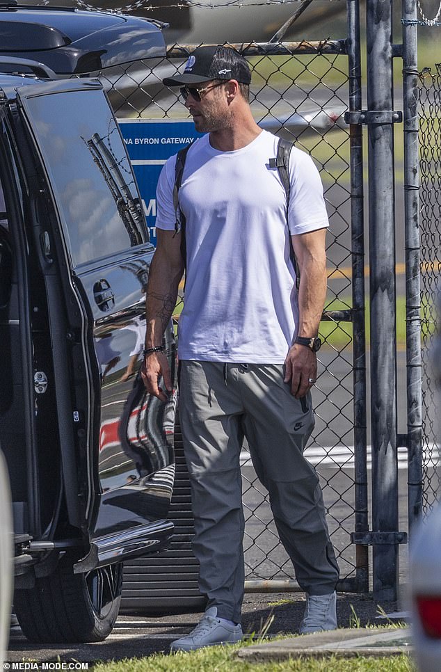 The next day, Thor actor Chris, 41, landed at Ballina airport on a private jet as he returned home after a mystery trip.