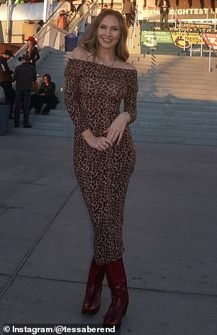 Tessa showed off an off-the-shoulder leopard print dress, teaming it with boots for a Western flair