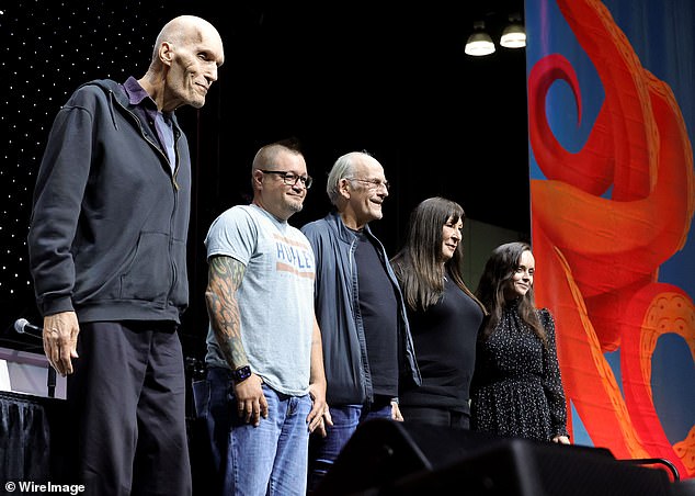 In October, he reunited with the cast of The Addams Family at Comic Con in Los Angeles, more than 30 years after the film's release; (L-R) Struycken, Workman, Lloyd, Huston and Ricci