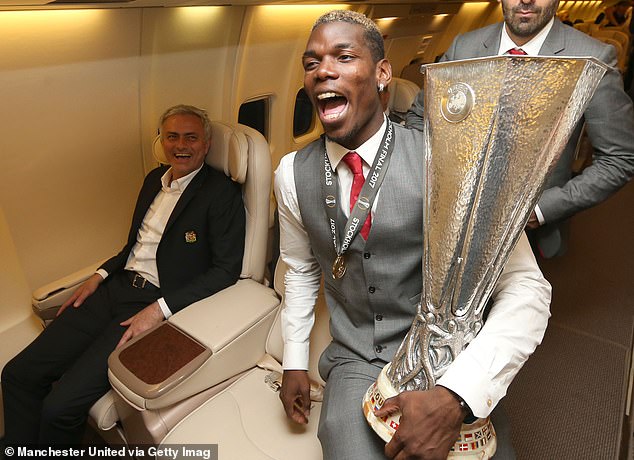 Pogba previously helped United win the Europa League and Carabao Cup, but his relationship with former boss Jose Mourinho (left) eventually deteriorated