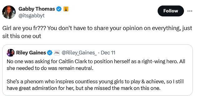 The Olympian slammed Gaines after she criticized Clark for her 