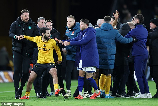 Wolves left back Rayan Ait-Nouri (golden shirt) received a red card after the match