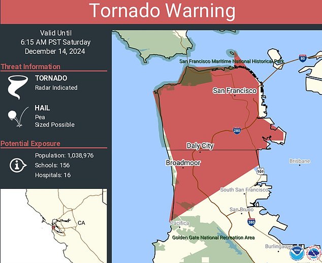 San Francisco hasn't seen a tornado since 2005, according to the Weather Service, which is now investigating whether a tornado actually occurred. However, it was the first time that a warning was given in advance