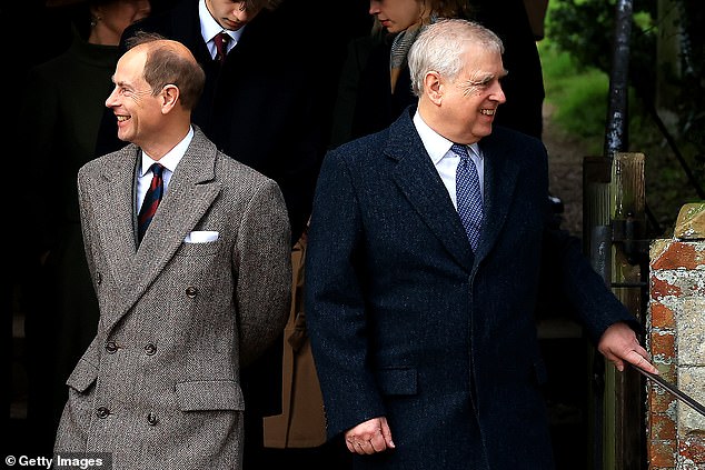 Prince Andrew, Duke of York and Prince Edward, Duke of Edinburgh leaving the Christmas morning service at Sandringham Church in December 2023