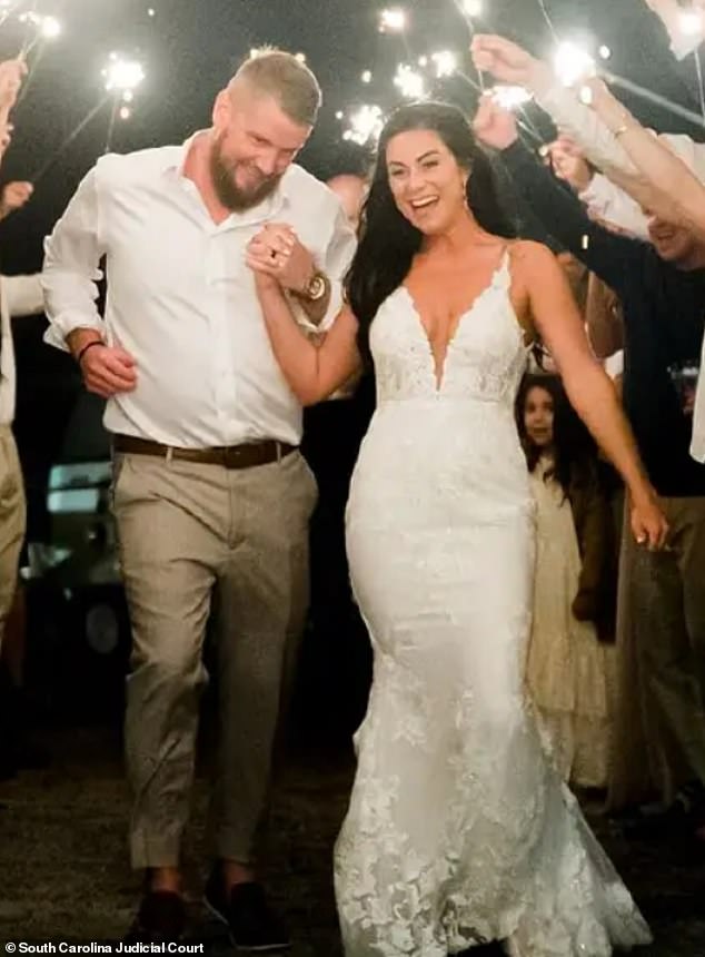 Komoroski, 27, rammed into Samantha Miller, 34, and her new husband Aric Hutchinson, 37, as the couple rode on a golf cart after their wedding reception