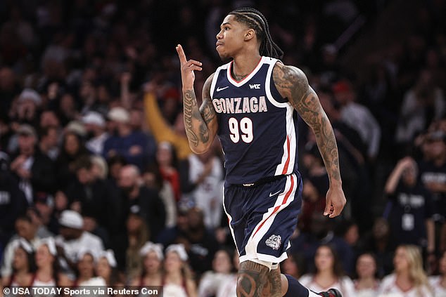 Khalif Battle of Gonzaga celebrates after knocking down a 3-pointer against UConn