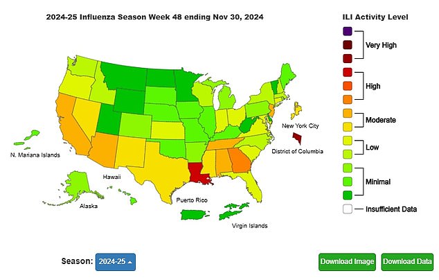 FLU OUTBREAK: The above shows flu illnesses in each state. Only two, Louisiana and Georgia, are currently experiencing high levels of the disease