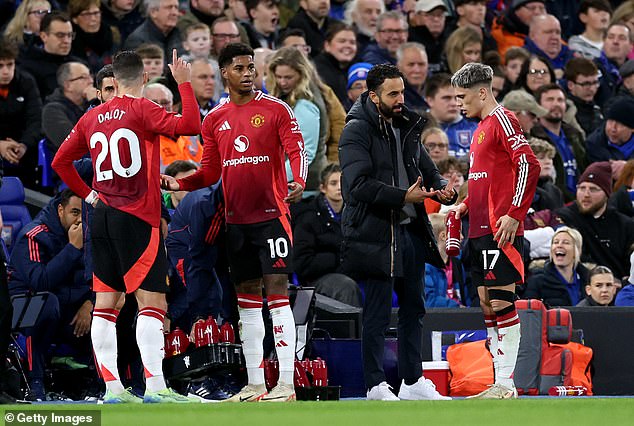 Rashford (second from left) and Alejandro Garnacho (right) are both left out completely