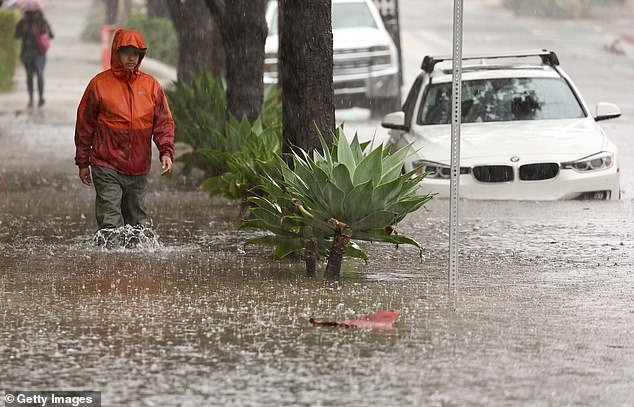 Pictured: A person walking through floodwaters in Santa Barbara as a powerful, long-lasting atmospheric river storm, the second in less than a week, in February 2024