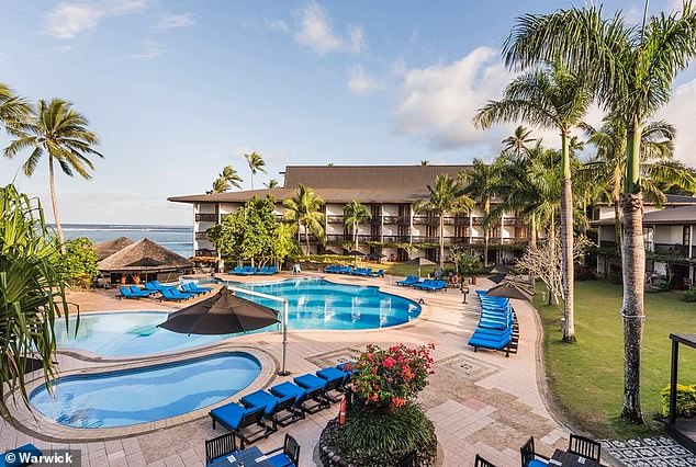 Six people, four of them Aussies, were hospitalized on Saturday evening after drinking cocktails at the pool at the Warwick Fiji resort (pictured) in the south of Fiji's main island