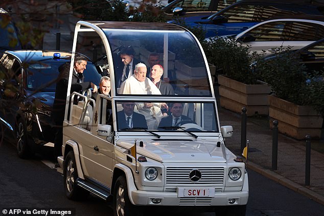 The Pope arrived in style in his new white G-Wagon Popemobile