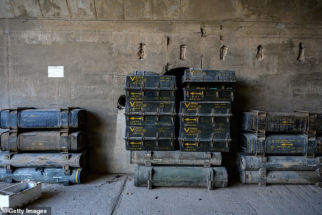 Syrian Air Force helicopter munitions (these boxes labeled nuclear warheads) and Russian-made missiles stored at the Mezzeh military airport near the capital remain untouched by more than 500 Israeli strikes on military targets across Syria since the fall of the Assad regime. regime on December 15. 2024 in Damascus, Syria