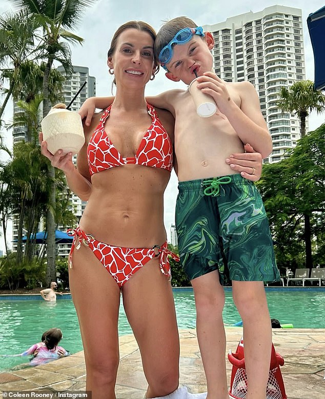 It comes after Coleen showed off the results of those jungle squats as she showed off her stunning abs in a floral red bikini with her youngest son Cass at the Palazzo Versace Hotel.