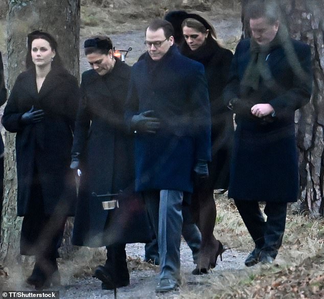 Pictured (from front left to right to back left to right): Princess Sofia, Princess Victoria, Prince Daneile, Princess Madeleine and Christopher O'Neill leaving after Princess Birgitta's funeral