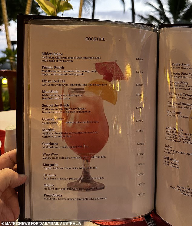 Pictured: A list of the cocktails the resort offers in its restaurants