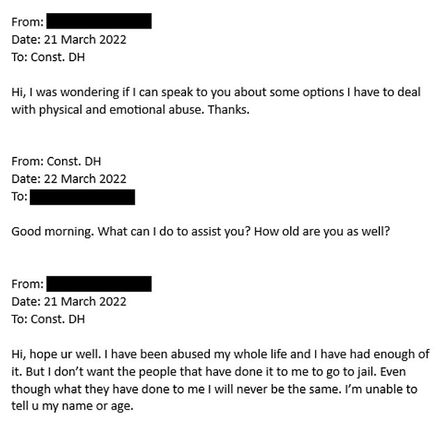 A plaintive email to police read: 'Hello, I hope you are doing well. I have been abused all my life and I have had enough. But I don't want the people who did this to me to go to jail. Even though what they did to me, I will never be the same.”