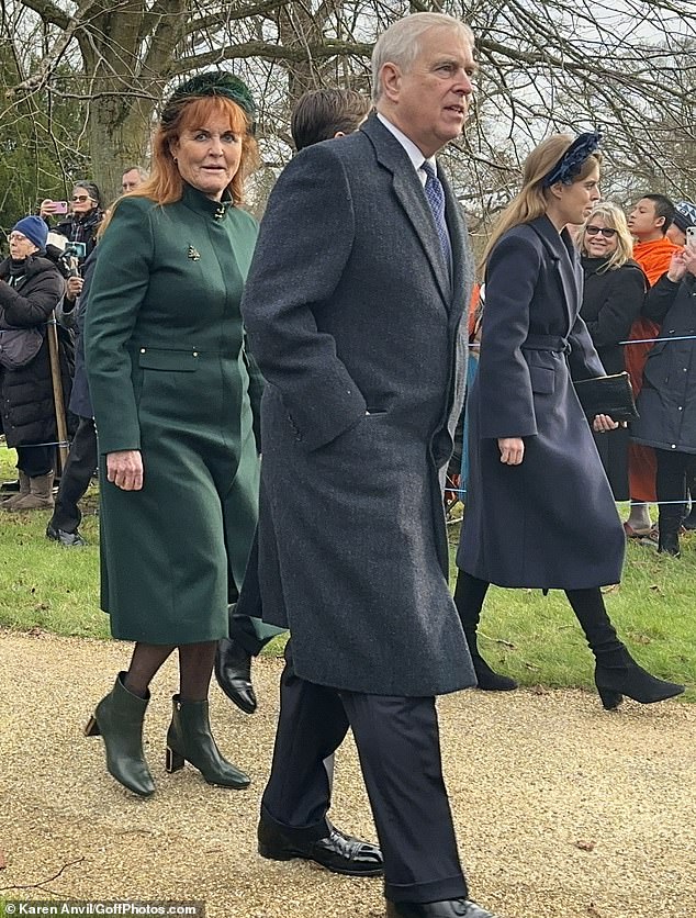 Prince Andrew is accompanied by his ex-wife Sarah, Duchess of York during the annual royal outing to the Christmas Day church service in Sandringham, Norfolk, on December 25, 2023