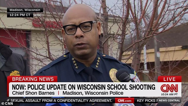 Madison Police Chief Shon Barnes (pictured) said police found a dead suspect at the scene